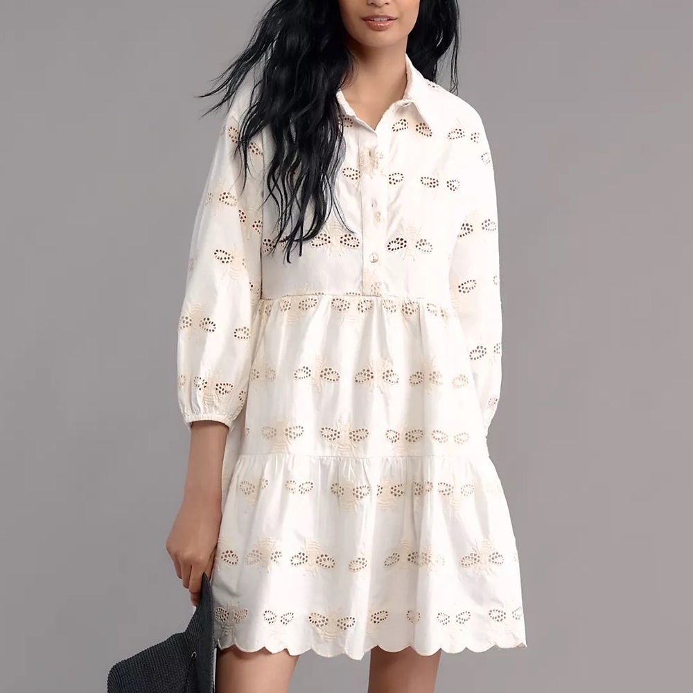 NWT! Anthropologie Bettina Deco Bee Eyelet Tiered Mini Shirt Dress by Maeve 🍓3️⃣ - Picture 3 of 7